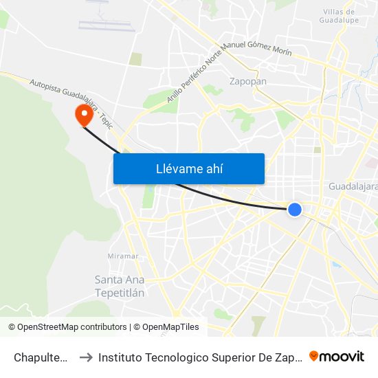 Chapultepec to Instituto Tecnologico Superior De Zapopan map