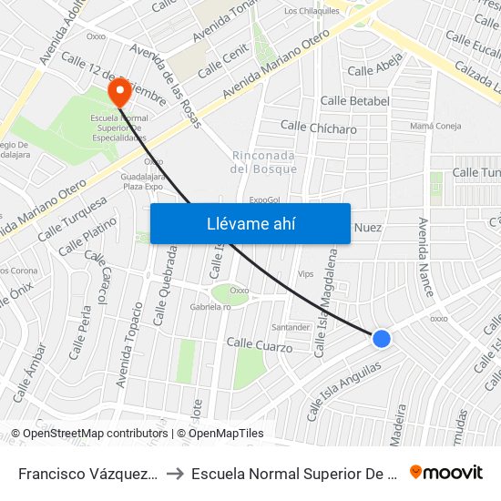 Francisco Vázquez Coronado to Escuela Normal Superior De Especialidades map