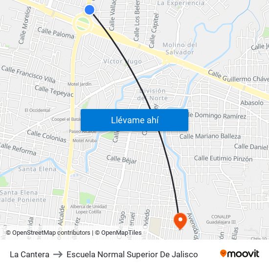 La Cantera to Escuela Normal Superior De Jalisco map