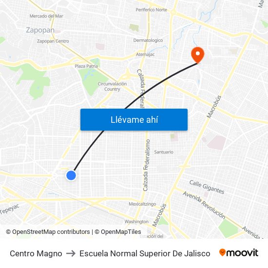 Centro Magno to Escuela Normal Superior De Jalisco map