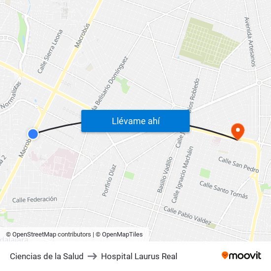 Ciencias de la Salud to Hospital Laurus Real map