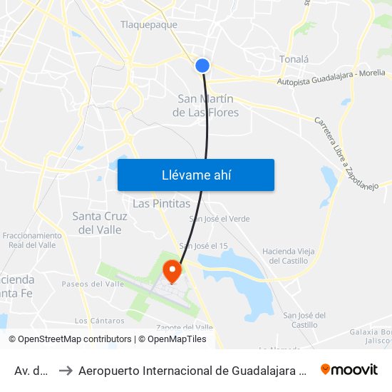 Avenida De Las Torres to Aeropuerto Internacional de Guadalajara  Miguel Hidalgo y Costilla  (GDL) (Aeropuerto Internacional map