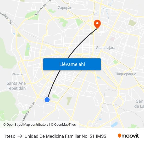 ITESO to Unidad De Medicina Familiar No. 51 IMSS map
