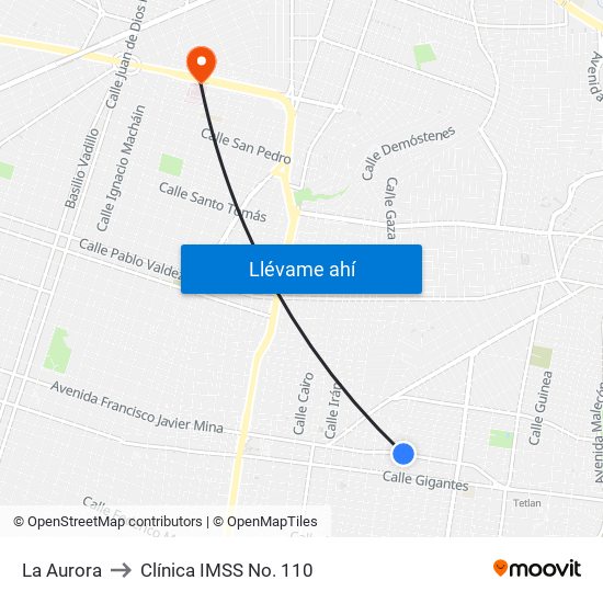 La Aurora to Clínica IMSS No. 110 map