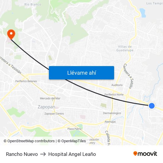 Rancho Nuevo to Hospital Angel Leaño map