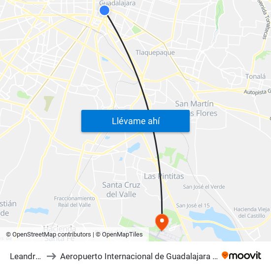 Leandro Valle to Aeropuerto Internacional de Guadalajara Miguel Hidalgo y Costilla map