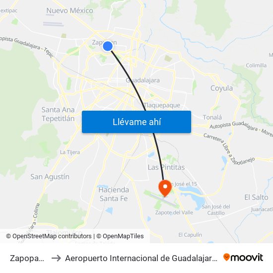 Zapopan Centro to Aeropuerto Internacional de Guadalajara Miguel Hidalgo y Costilla map