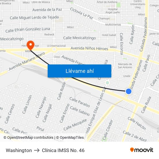 Washington to Clínica IMSS No. 46 map