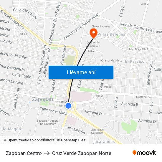 Zapopan Centro to Cruz Verde Zapopan Norte map