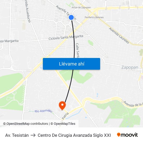 Av. Tesistán to Centro De Cirugia Avanzada Siglo XXI map