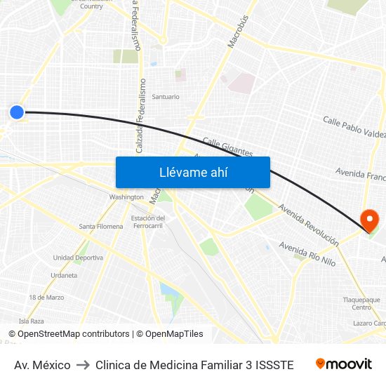 Av. México to Clinica de Medicina Familiar 3 ISSSTE map