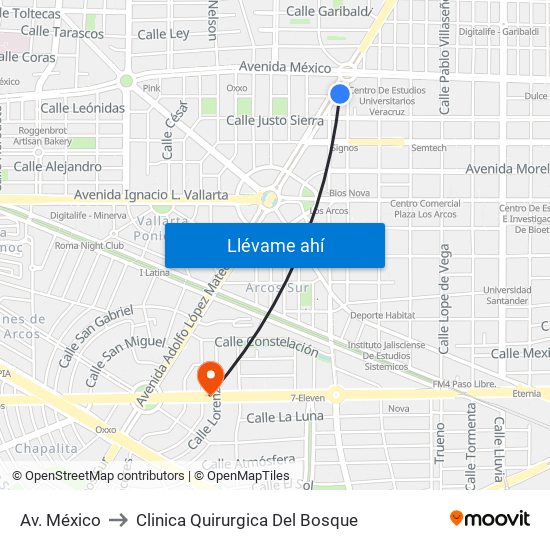 Av. México to Clinica Quirurgica Del Bosque map