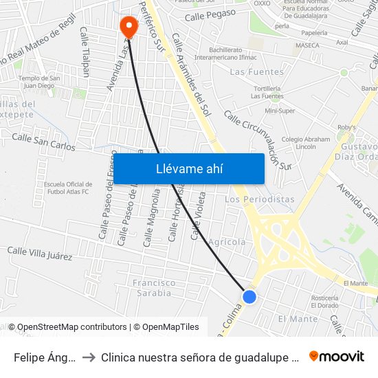 Felipe Ángeles to Clinica nuestra señora de guadalupe el briseño map