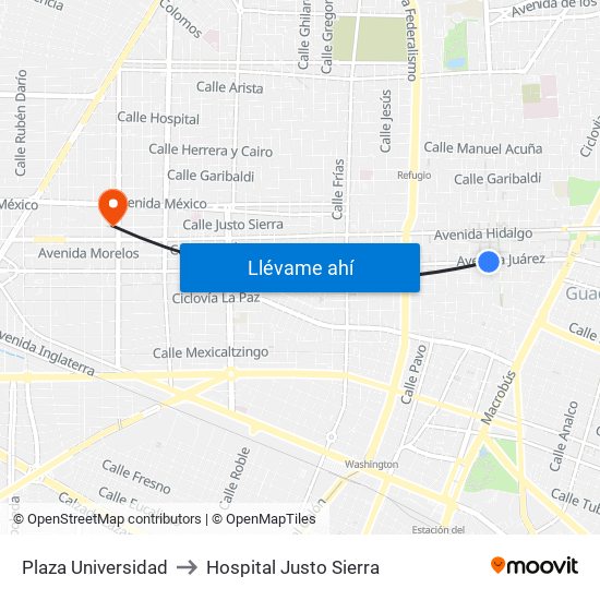 Plaza Universidad to Hospital Justo Sierra map