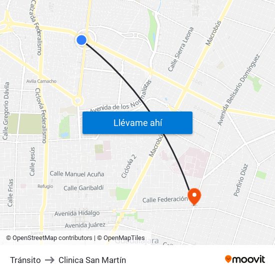 Tránsito to Clinica San Martín map