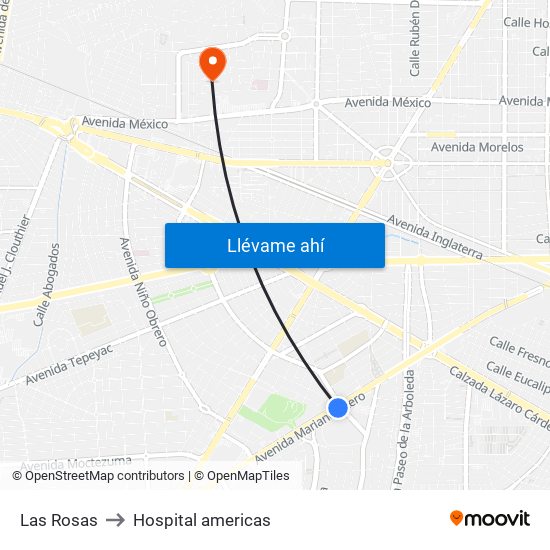 Las Rosas to Hospital americas map