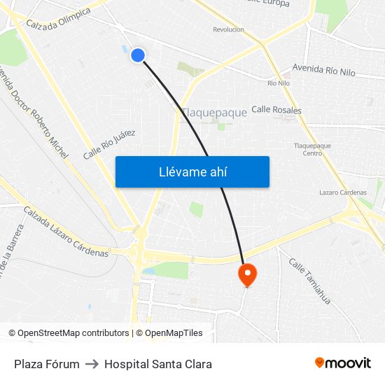 Plaza Fórum to Hospital Santa Clara map