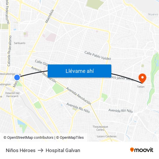 Niños Héroes to Hospital Galvan map