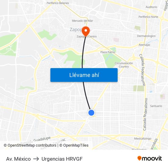 Av. México to Urgencias HRVGF map