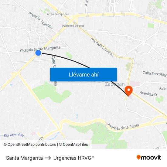 Santa Margarita to Urgencias HRVGF map