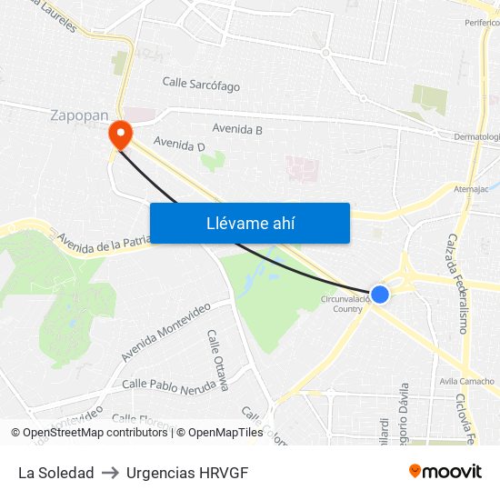 La Soledad to Urgencias HRVGF map