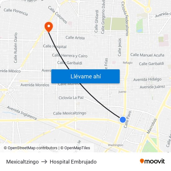 Mexicaltzingo to Hospital Embrujado map