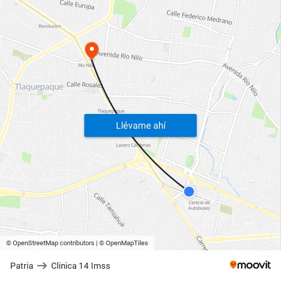 Patria to Clinica 14 Imss map