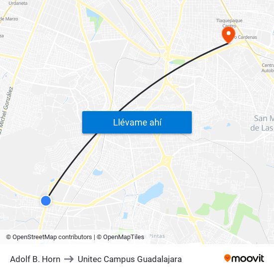 Adolf B. Horn to Unitec Campus Guadalajara map