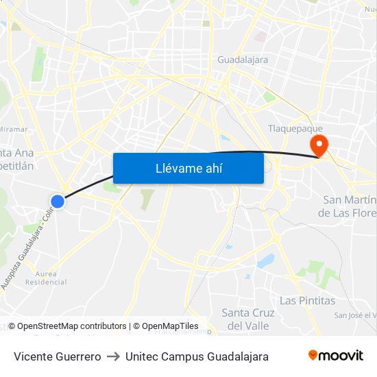 Vicente Guerrero to Unitec Campus Guadalajara map