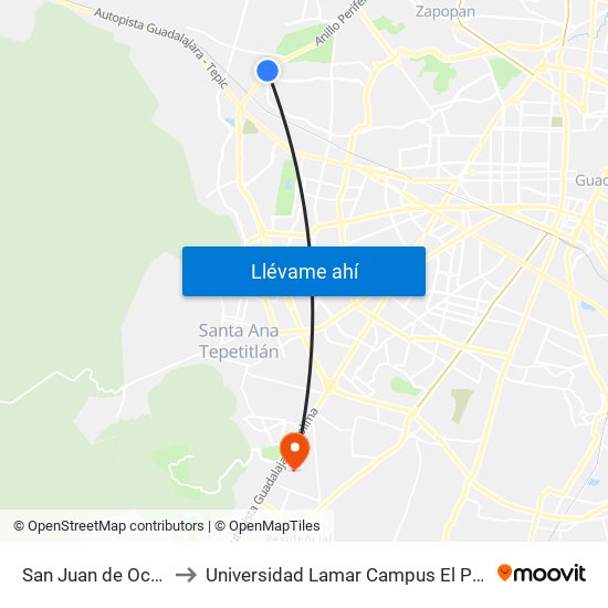 San Juan de Ocotán to Universidad Lamar Campus El Palomar map