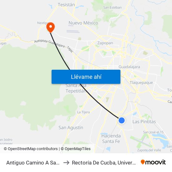 Antiguo Camino A Santa Cruz Del Valle to Rectoría De Cucba, Universidad De Guadalajara map