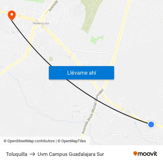 Toluquilla to Uvm Campus Guadalajara Sur map