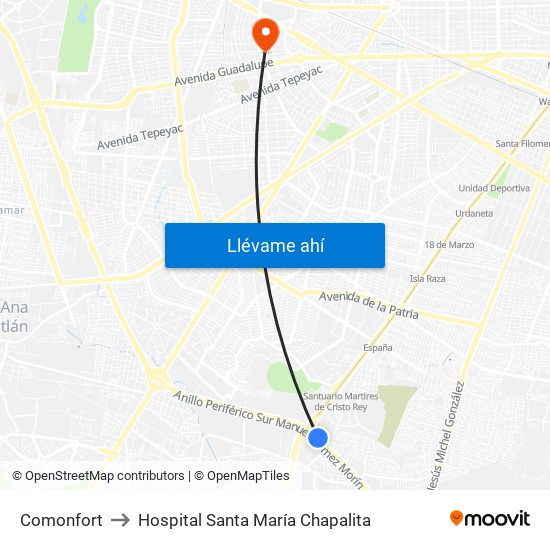 Comonfort to Hospital Santa María Chapalita map