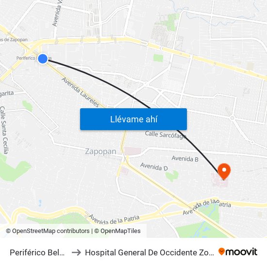 Periférico Belenes to Hospital General De Occidente Zoquipan map