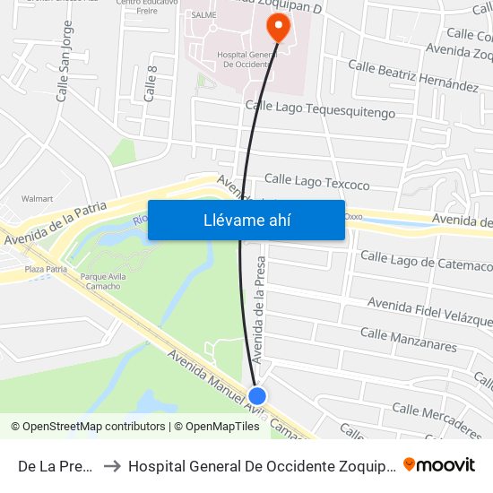 De La Presa to Hospital General De Occidente Zoquipan map