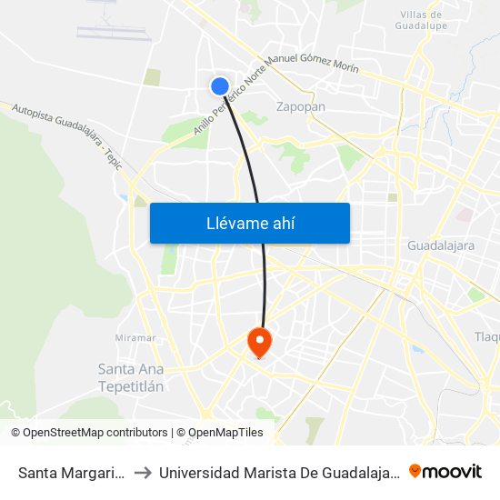 Santa Margarita to Universidad Marista De Guadalajara map