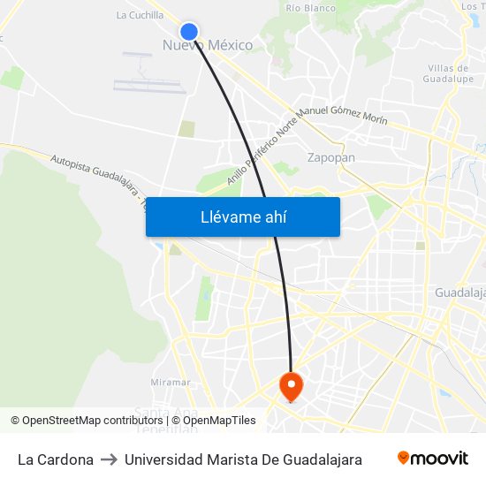 La Cardona to Universidad Marista De Guadalajara map