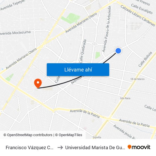Francisco Vázquez Coronado to Universidad Marista De Guadalajara map