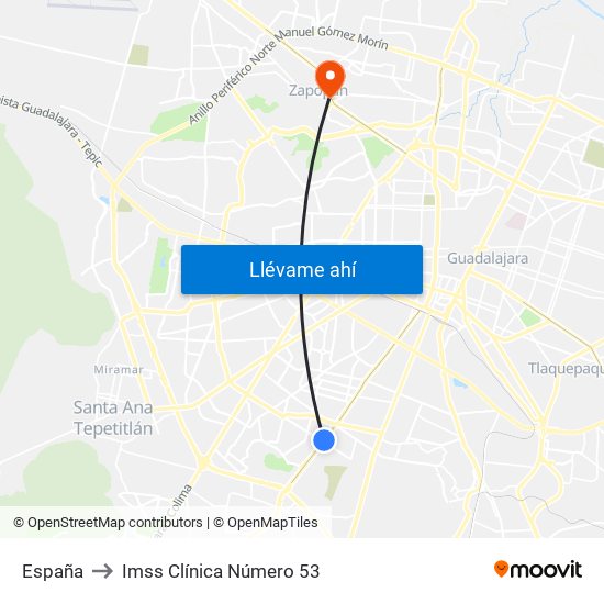 España to Imss Clínica Número 53 map