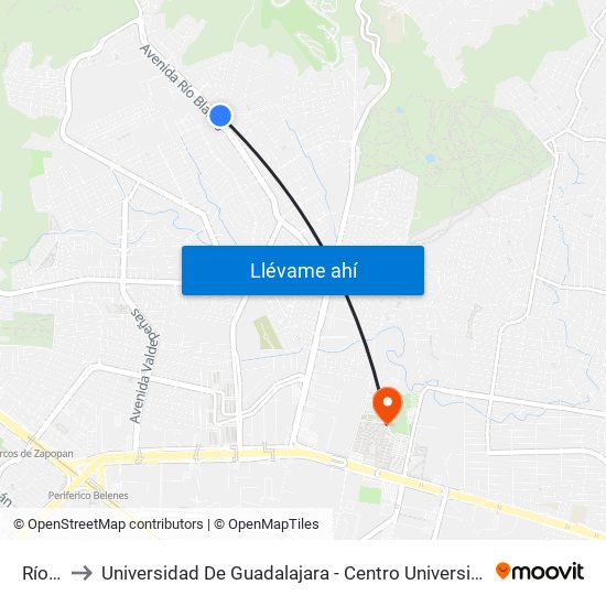 Río Blanco to Universidad De Guadalajara - Centro Universitario De Ciencias Económico Administrativas - (Cucea) map