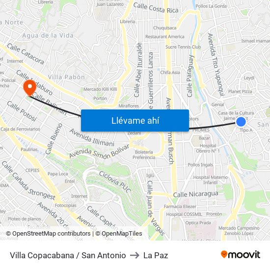 Villa Copacabana / San Antonio to La Paz map