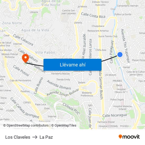 Los Claveles to La Paz map