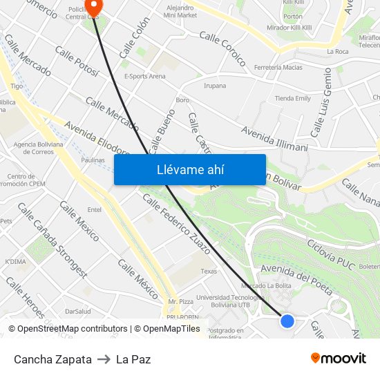Cancha Zapata to La Paz map
