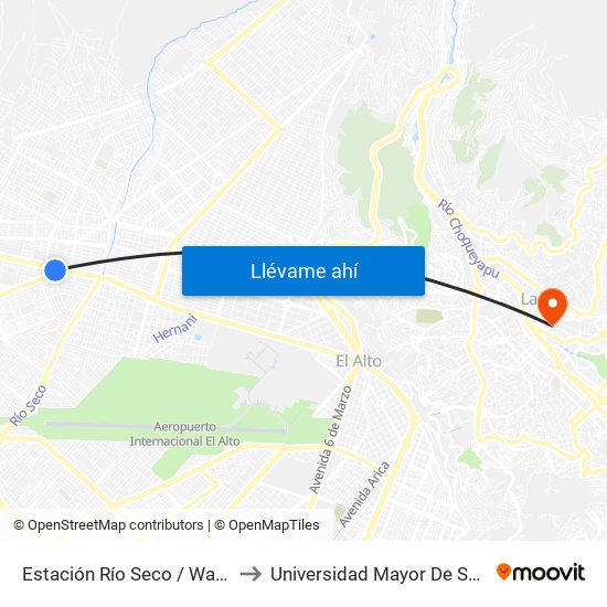 Estación Río Seco / Waña Jawira to Universidad Mayor De San Andrés map