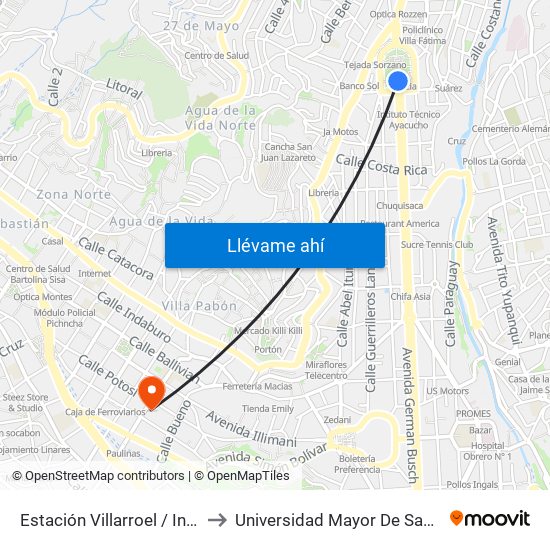 Estación Villarroel / Inalnama to Universidad Mayor De San Andrés map