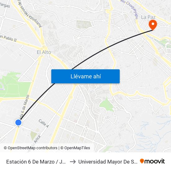Estación 6 De Marzo / Jach'A Thaki to Universidad Mayor De San Andrés map