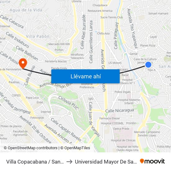 Villa Copacabana / San Antonio to Universidad Mayor De San Andrés map