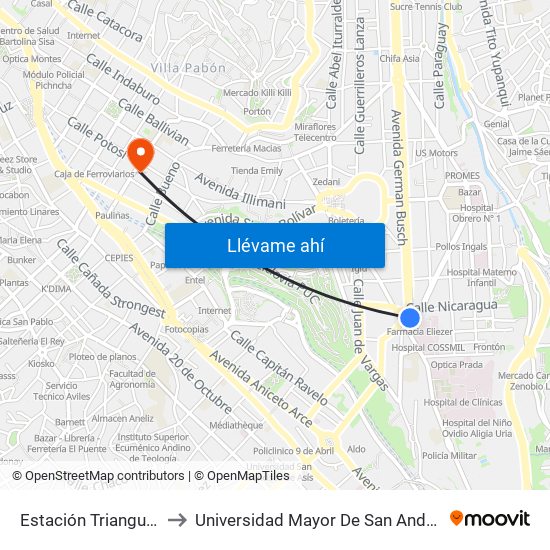 Estación Triangular to Universidad Mayor De San Andrés map