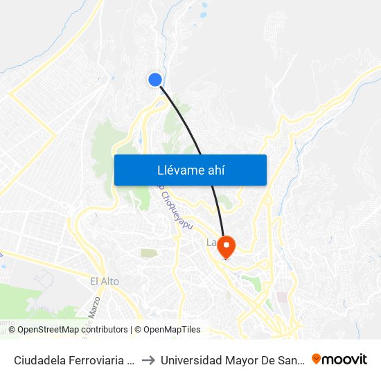 Ciudadela Ferroviaria Calle 3 to Universidad Mayor De San Andrés map