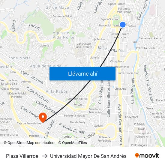 Plaza Villarroel to Universidad Mayor De San Andrés map